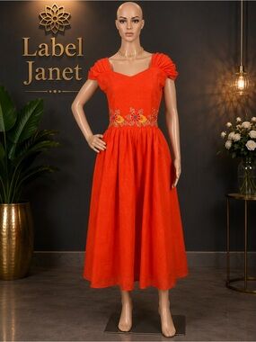 Brand New Bright Orange Embroidered Floral Midi Dress (M up to L)